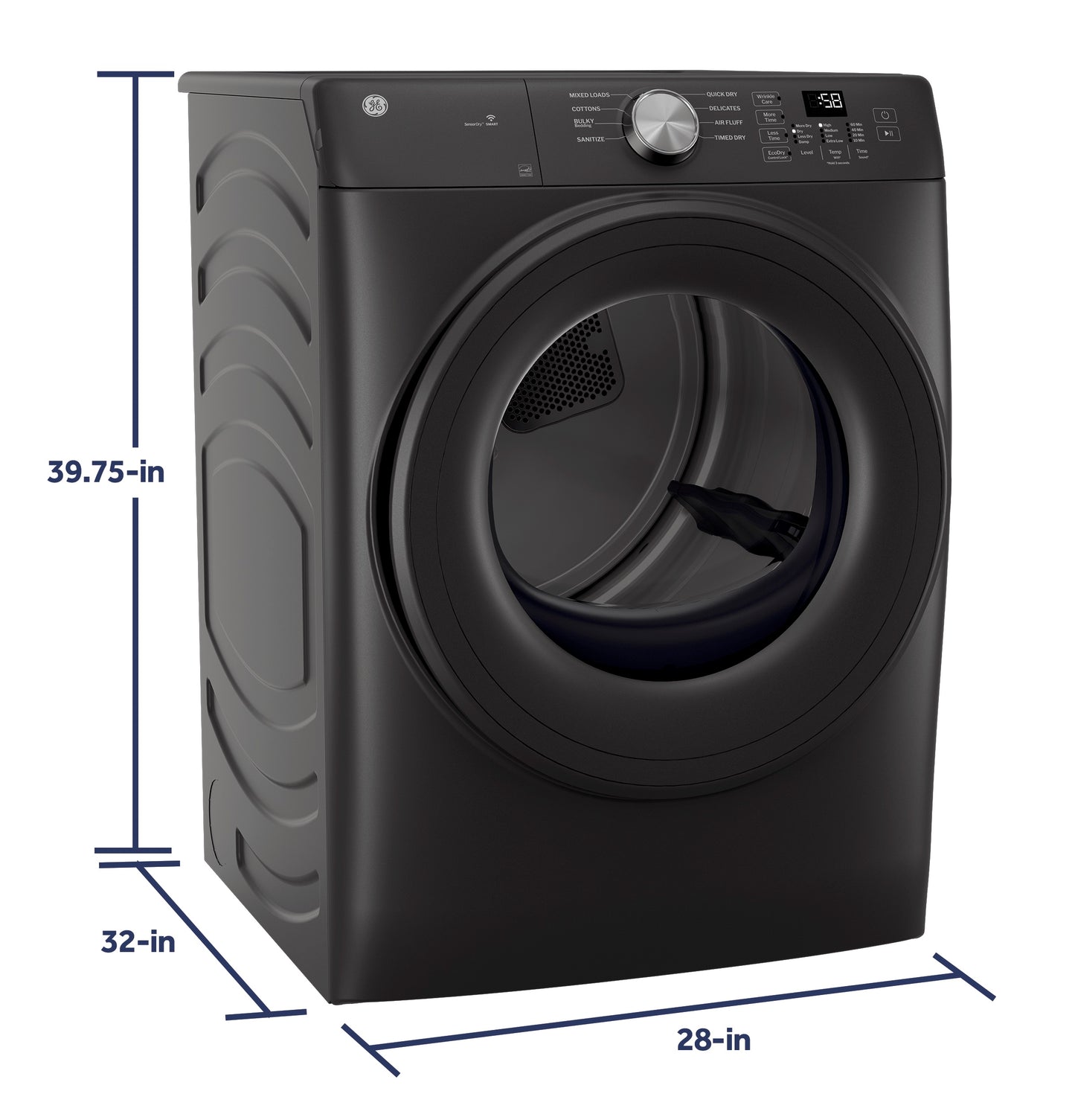 Front load electric dryer in matte black with digital controls and large circular door from Dryers collection