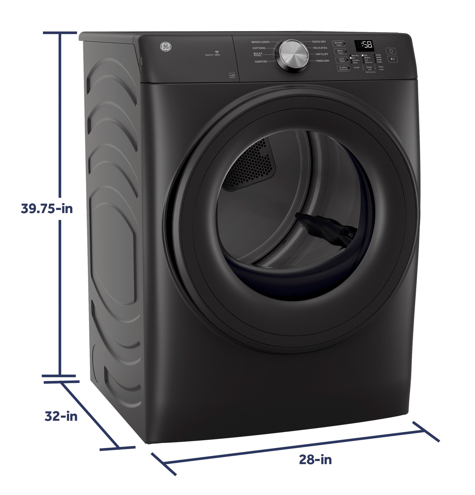 Front load electric dryer in matte black with digital controls and large circular door from Dryers collection