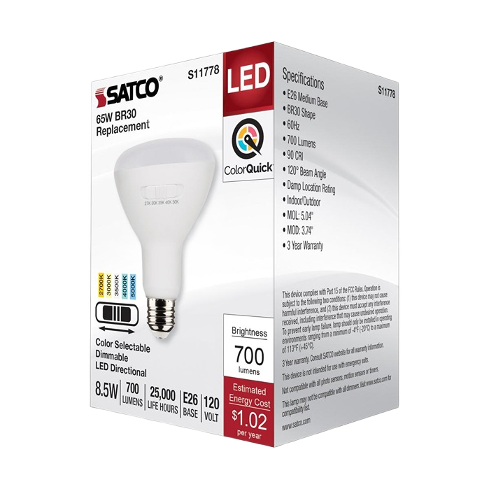 Satco 8.5 watt BR30 LED bulb with medium base, selectable color temperature, 700 lumens, dimmable for home lighting