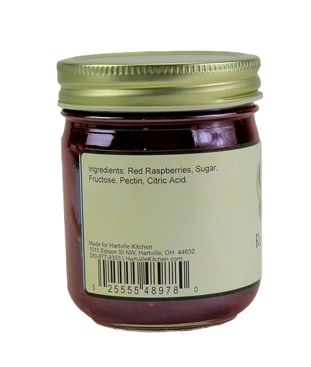 Back view of Hartville Kitchen red raspberry jam jar showing ingredients and barcode under $25 and Jams & Jellies collections