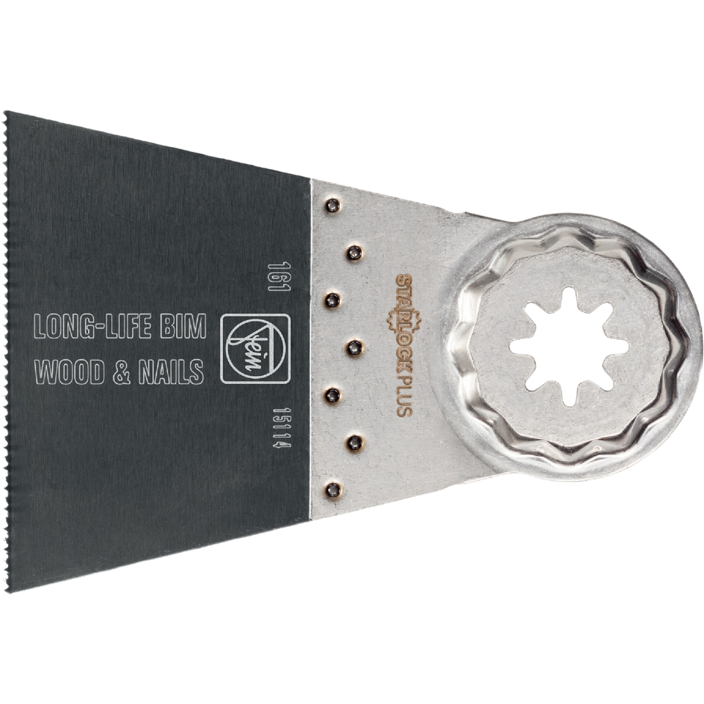 Bi-metal oscillating blade for cutting wood and nails with star-shaped connector for home improvement tools.