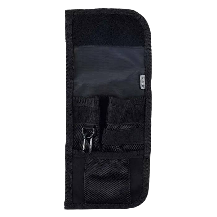 Black utility holster with multiple pockets and clip, designed for carrying tools and accessories in home improvement tasks