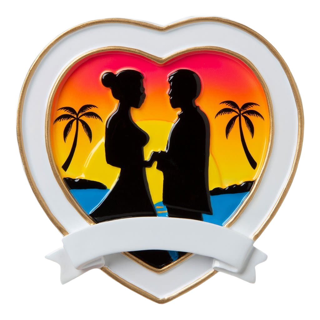 Heart-shaped ornament featuring a silhouetted bride and groom at sunset with palm trees for Christmas decorations under $50