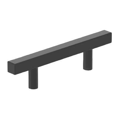 Matte black square bar pull with 3-inch center-to-center mounting for cabinet and furniture hardware collections