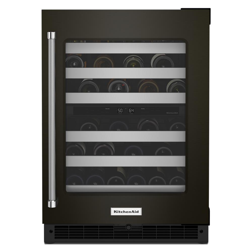 Undercounter wine cellar with glass door, metal-front racks, dual temperature zones in KitchenAid appliances collection