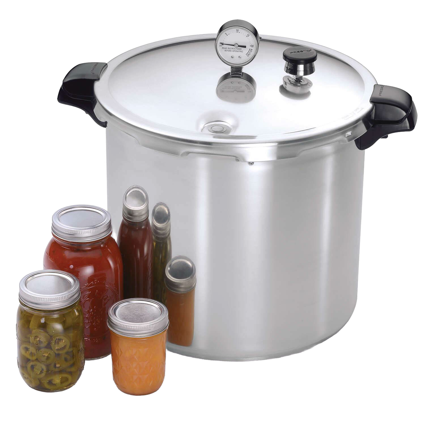 Large aluminum pressure cooker with pressure gauge and black side handles, shown with assorted preserves in jars for kitchenware collections