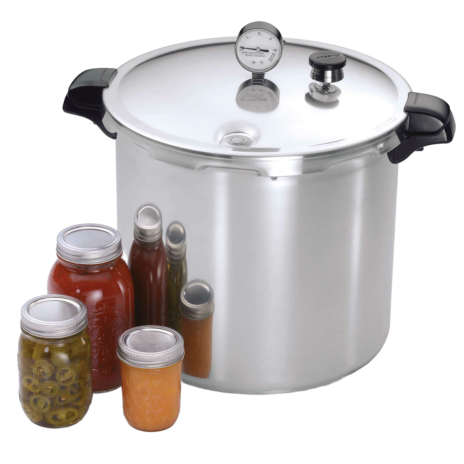 Large aluminum pressure cooker with pressure gauge and black side handles, shown with assorted preserves in jars for kitchenware collections