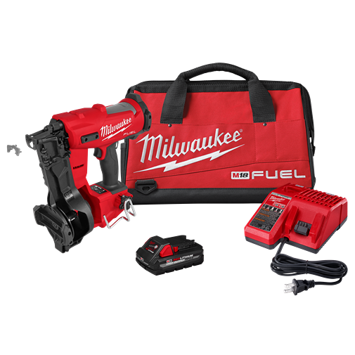 Red and black cordless coil roofing nailer with battery, charger, and branded carrying bag for home improvement tasks