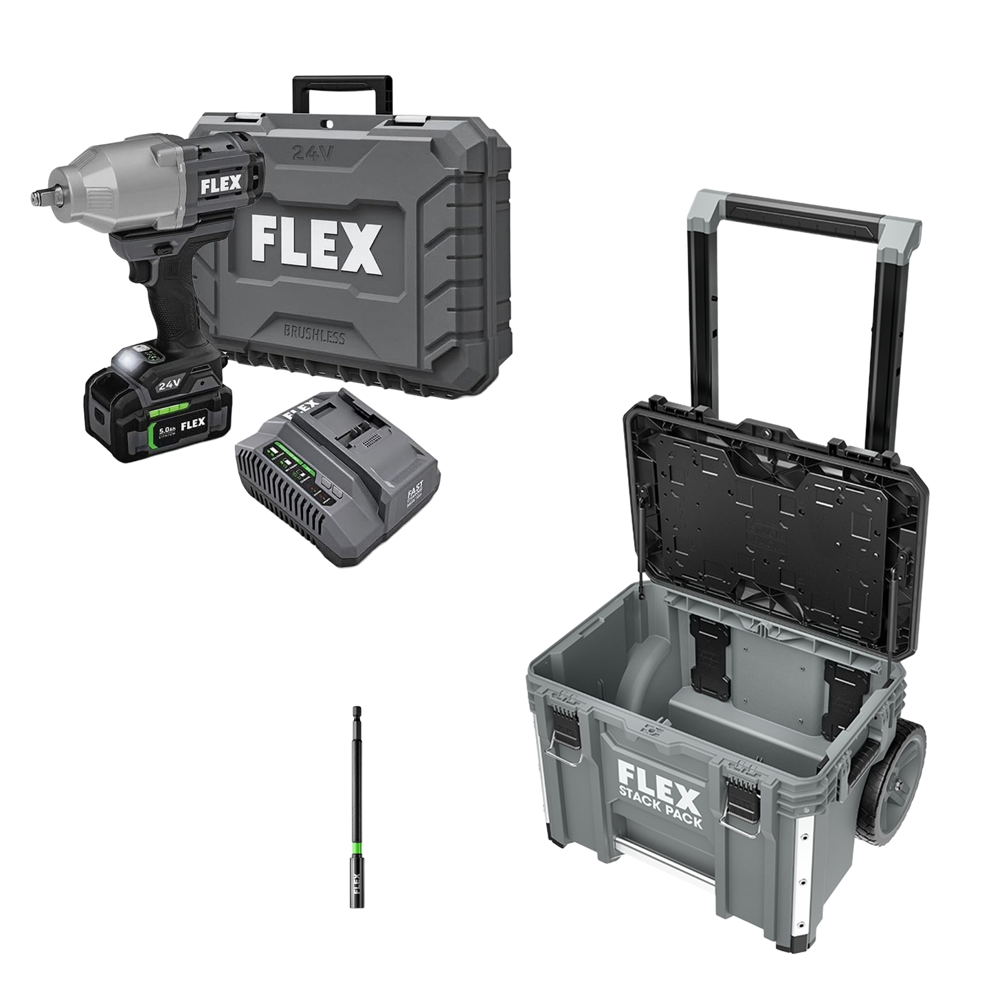 FLEX 1/2" High Torque Impact Wrench Kit + 6" Magnetic Extension Holder & Stack Pack™ Rolling Tool Box