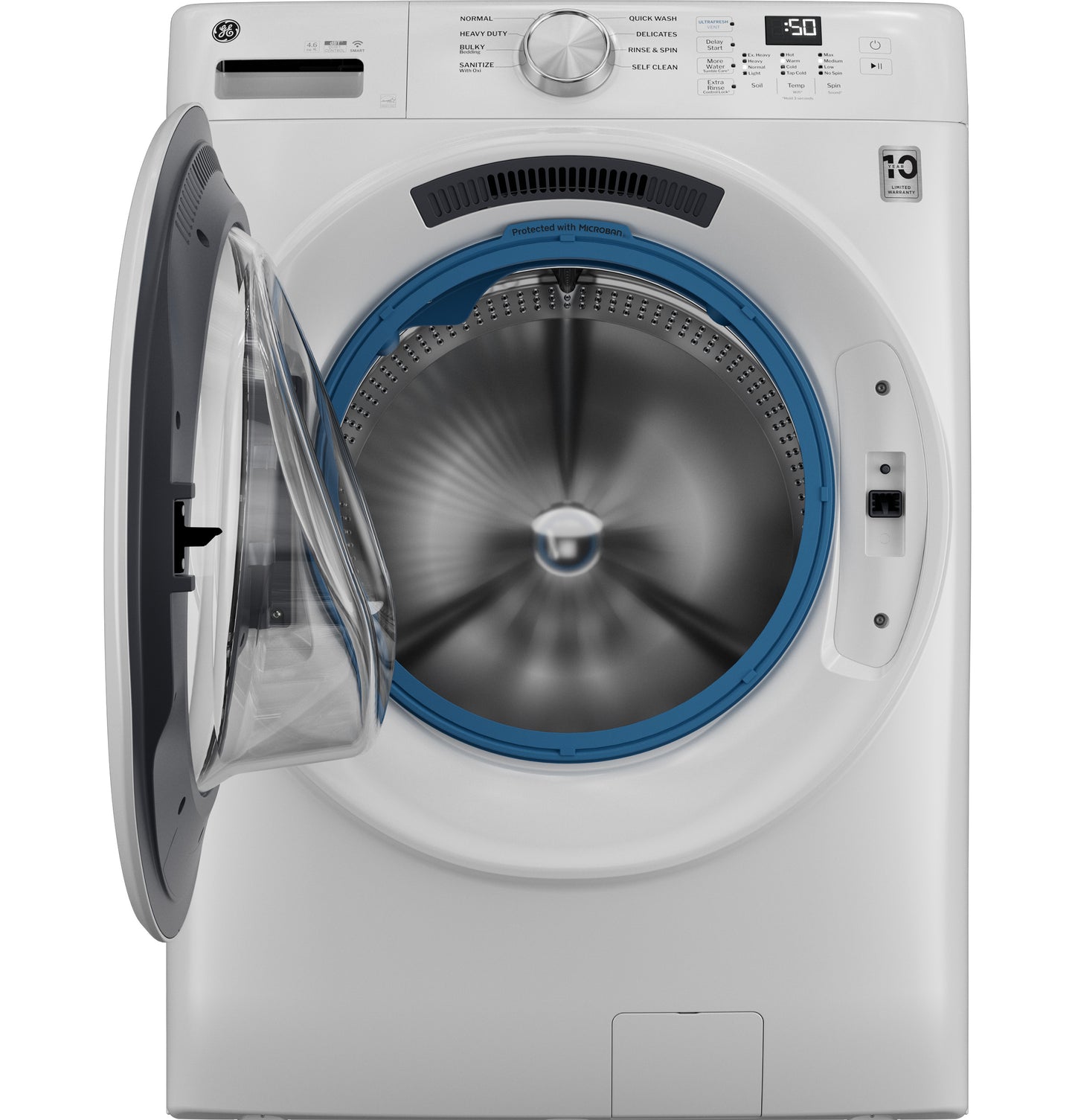 White smart front load washer with open door, digital controls, and blue UltraFresh Vent System in washers and appliances collection