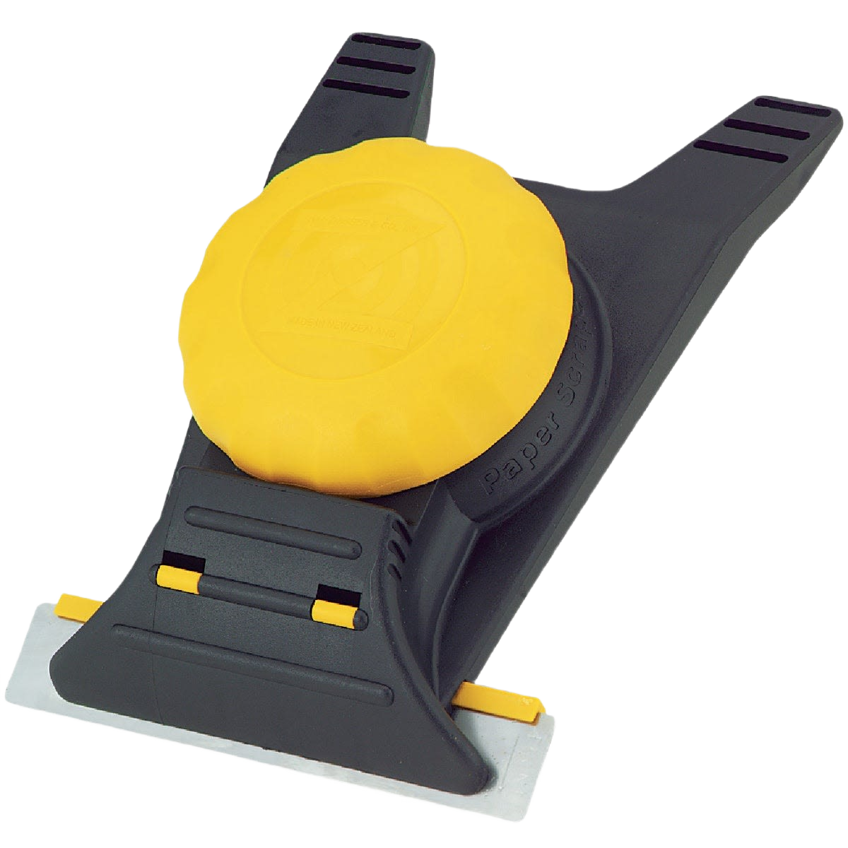 Paper scraper with black body and yellow circular grip, designed for wallpaper removal in home improvement tasks