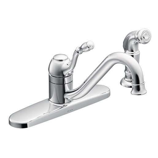 Chrome kitchen faucet with low arc pullout spout and single handle, part of Faucets and Plumbing collections