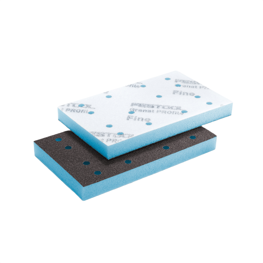 Two rectangular foam-backed abrasive pads with perforations for detailed sanding in power tool accessories collection
