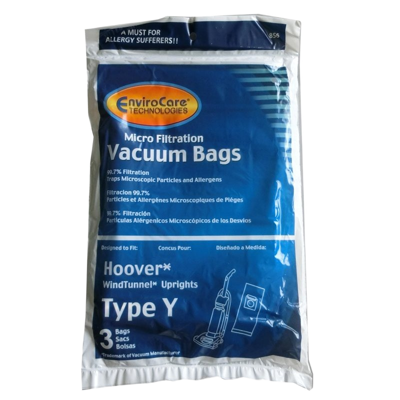 Pack of three EnviroCare micro filtration vacuum bags designed for Hoover Type Y upright models with allergen trapping features