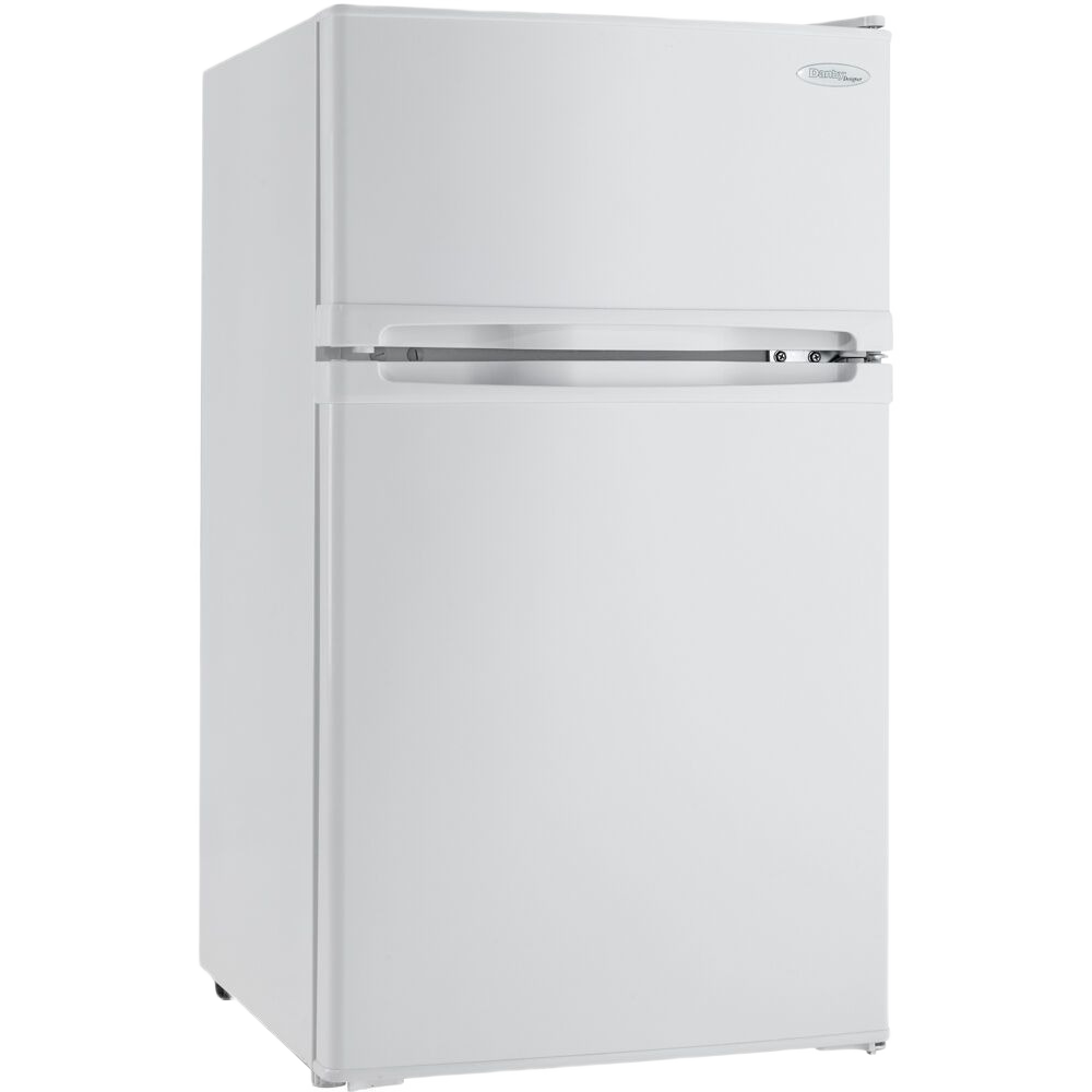 Compact white dual-door refrigerator with separate freezer compartment and smooth finish from kitchen appliances collection
