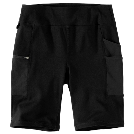 Small black fitted utility shorts with zippered and open side pockets for women’s casual and workwear collections
