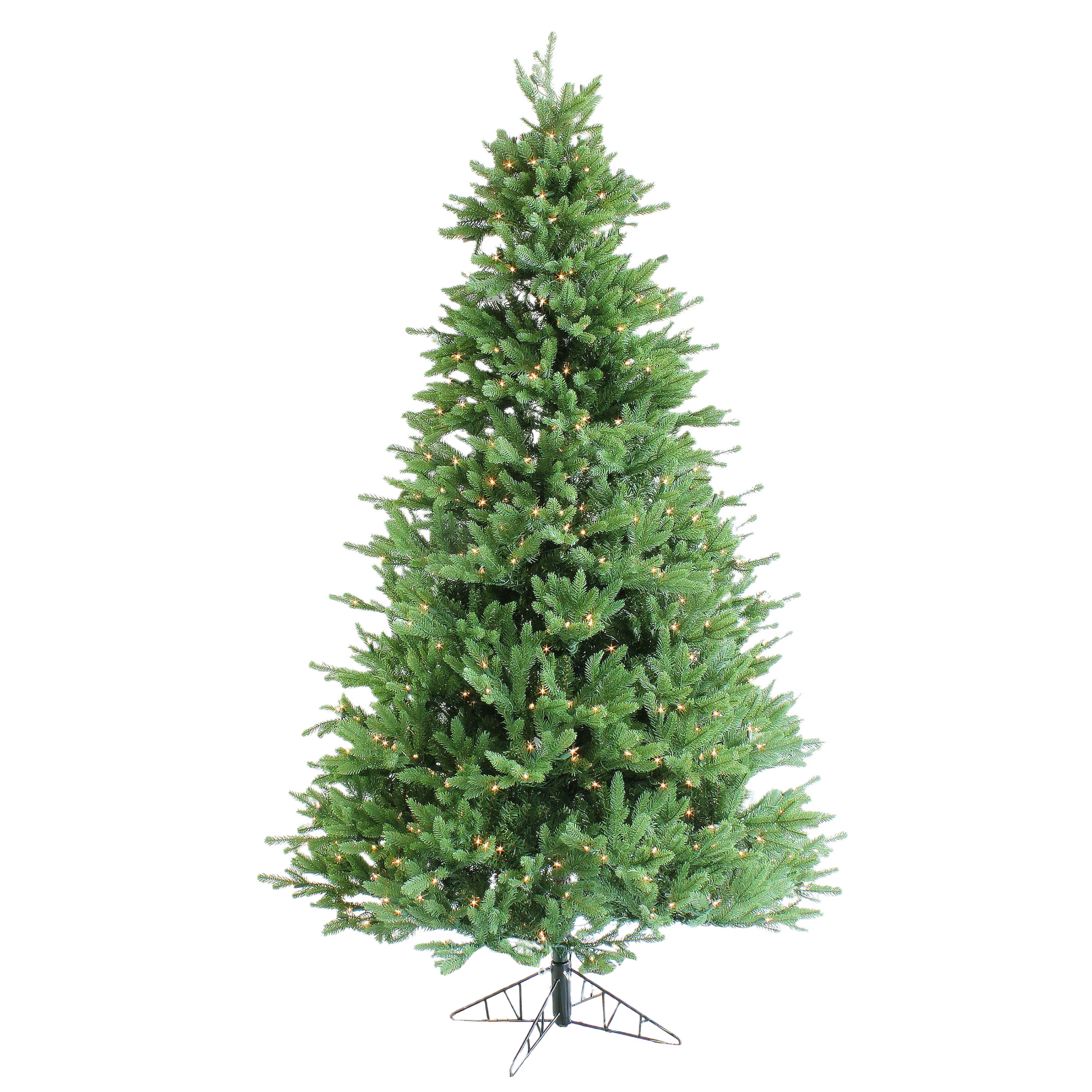 Artificial green spruce Christmas tree with clear incandescent lights and metal stand for holiday decor