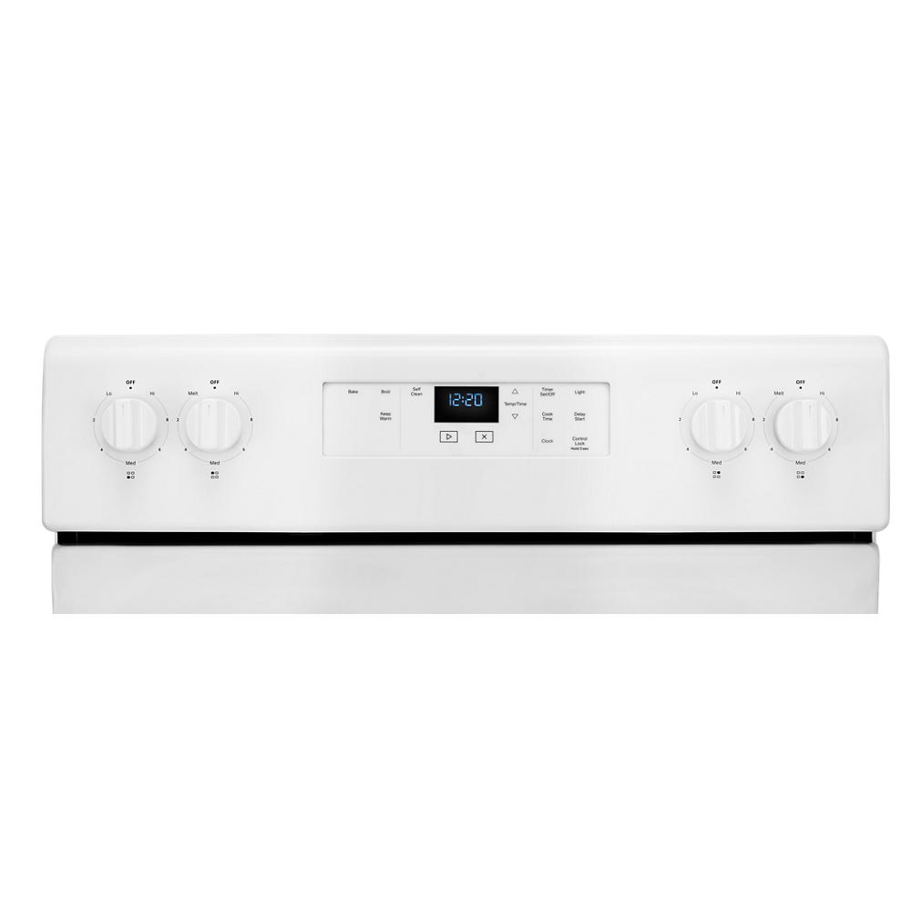 White electric range control panel with digital clock and four burner control knobs from Ranges collection