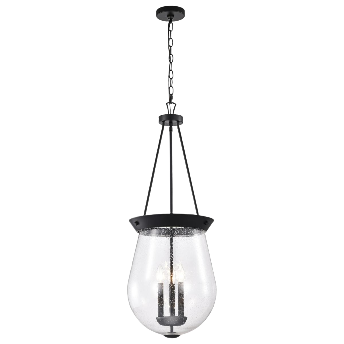 Matte black pendant light with clear seeded glass shade and three candle-style bulbs in pendant lighting collection