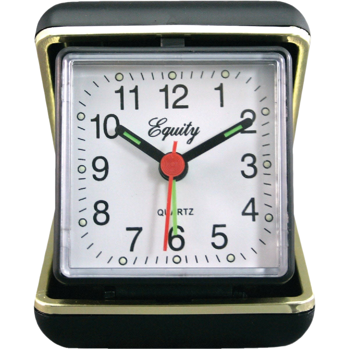 Compact black travel alarm clock with white face, numeric dial, and luminous hour and minute hands for easy reading
