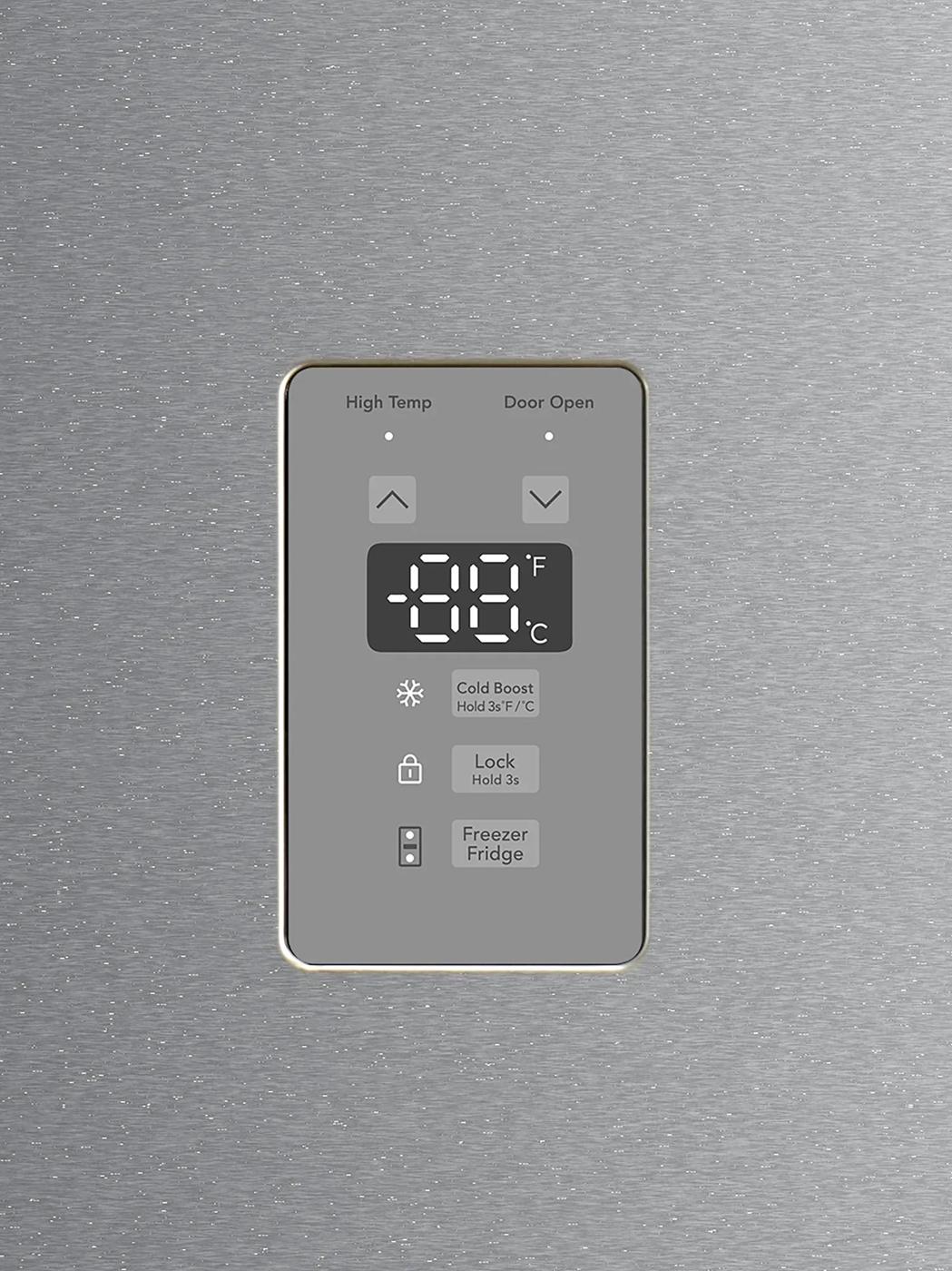 Digital temperature control panel on stainless steel surface with cold boost, lock, and freezer-to-fridge conversion buttons for Freezers & Ice Makers and Appliances collections.