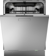 Stainless steel dishwasher with minimalist handle and colored status light in kitchen and appliances collection