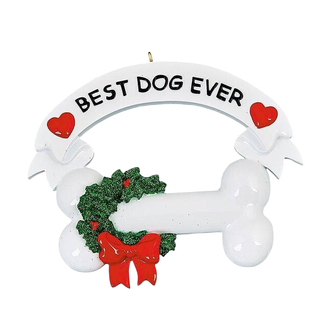 White dog bone ornament with green wreath, red bow, and "Best Dog Ever" banner for Christmas tree decorations under $50