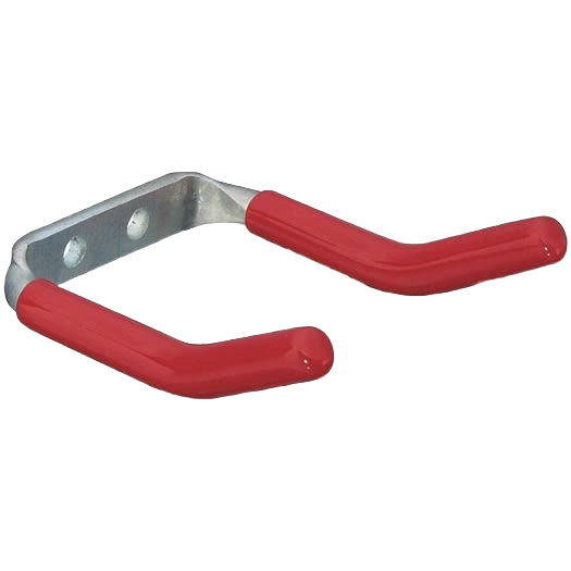Heavy-duty double hook with red vinyl coating for scratch protection, ideal for storage and closet organization.
