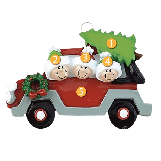 Christmas ornament featuring a family of three in a red caravan with wreath and tree for holiday décor under $50