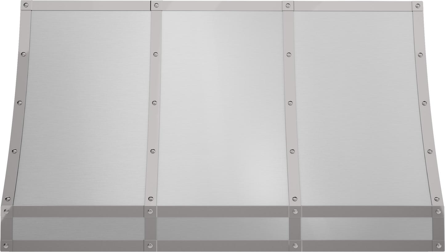 Polished stainless steel kitchen range hood body with banding for over the range appliance and home improvement projects