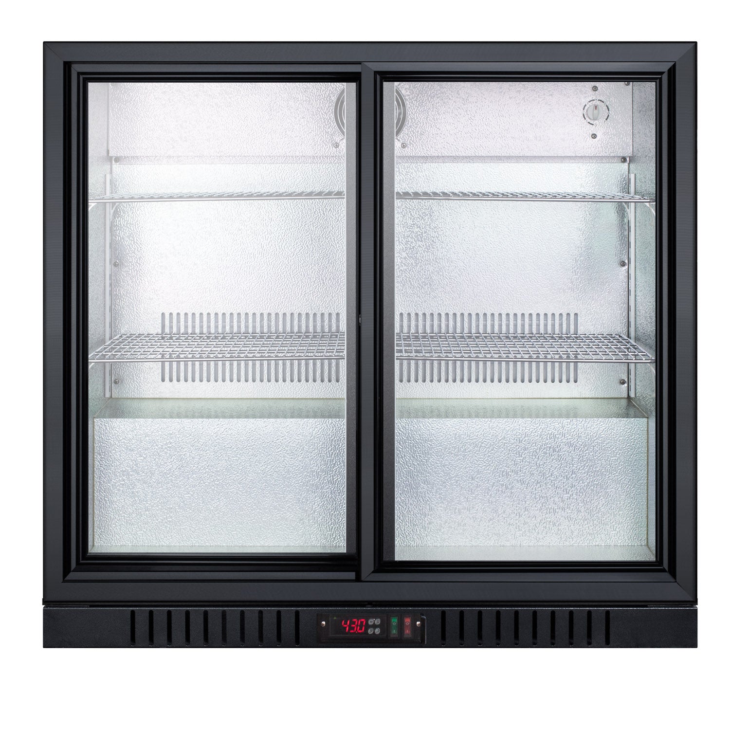 36-inch black beverage center with double sliding glass doors, wire shelves, and digital temperature display for kitchen use