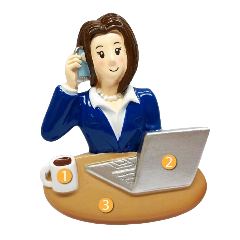 Ornament of a smiling businesswoman in blue suit with laptop and coffee cup for Christmas Ornaments & Tree Decorations under $50 collection