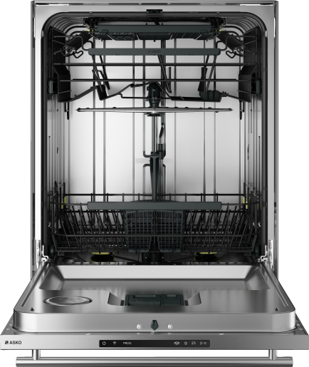Open stainless steel dishwasher displaying empty upper and lower racks with control panel for kitchen appliances collection
