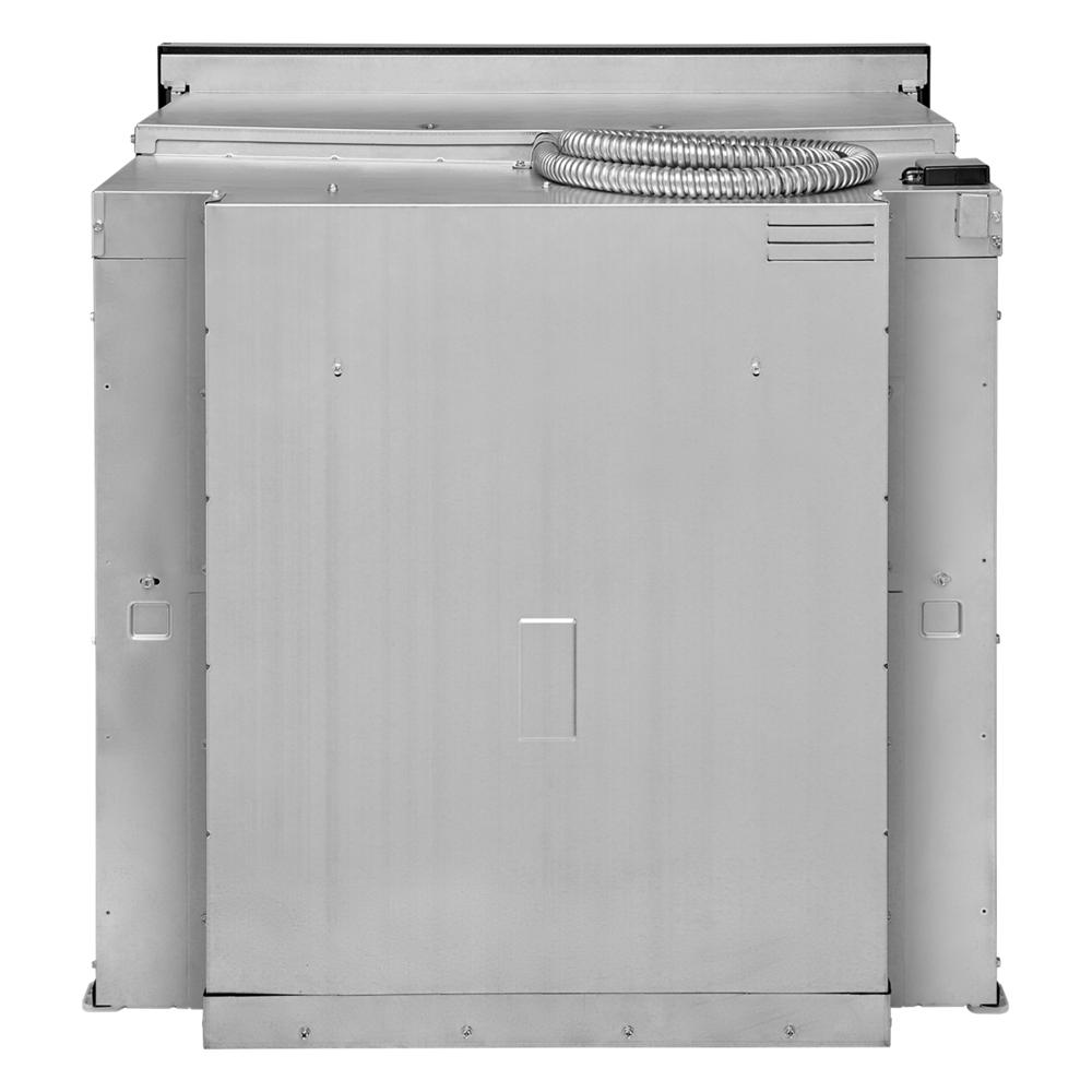 Rear view of stainless steel Smart Oven+ single wall oven showing ventilation and connection components