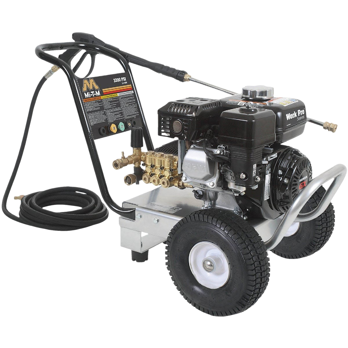 Heavy-duty gas pressure washer with Honda engine, brass pump, hose, and wheels for outdoor power equipment and tools collections