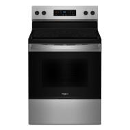 Stainless steel 30-inch electric range with digital controls and smooth cooktop in modern kitchen appliance collection