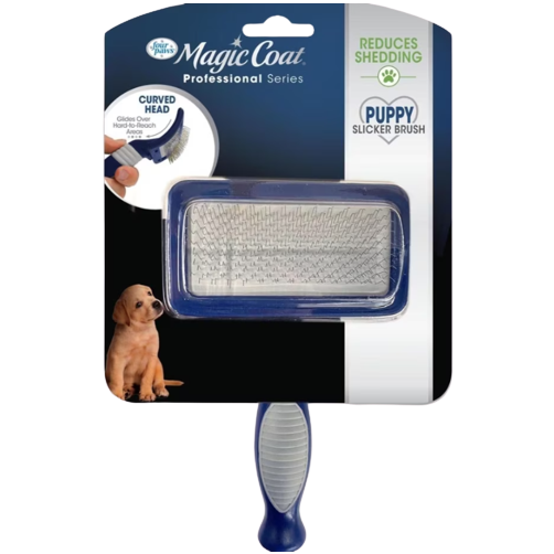 Pet slicker brush with curved head and ergonomic handle for reducing shedding on puppies and home pet care use