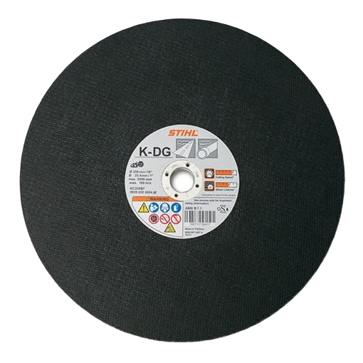Black abrasive cutting wheel with central label displaying safety icons and specifications, designed for use with STIHL cut-off tools in home improvement and parts collections.