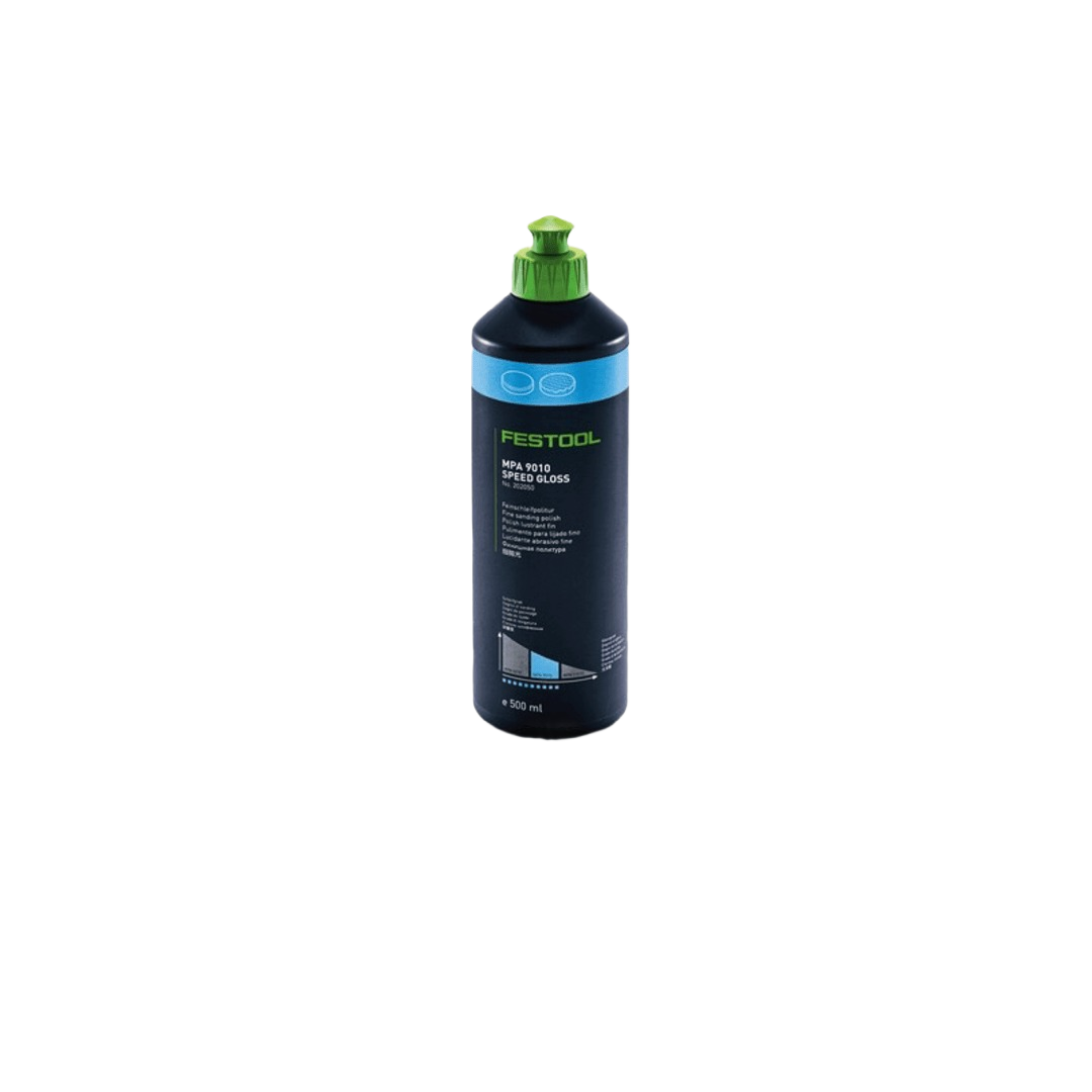 Bottle of Festool polishing compound in black and blue packaging with green cap for woodworking tools collection under $50