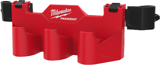 Red Milwaukee battery rack designed to hold three M12 batteries for tool storage and workshop organization