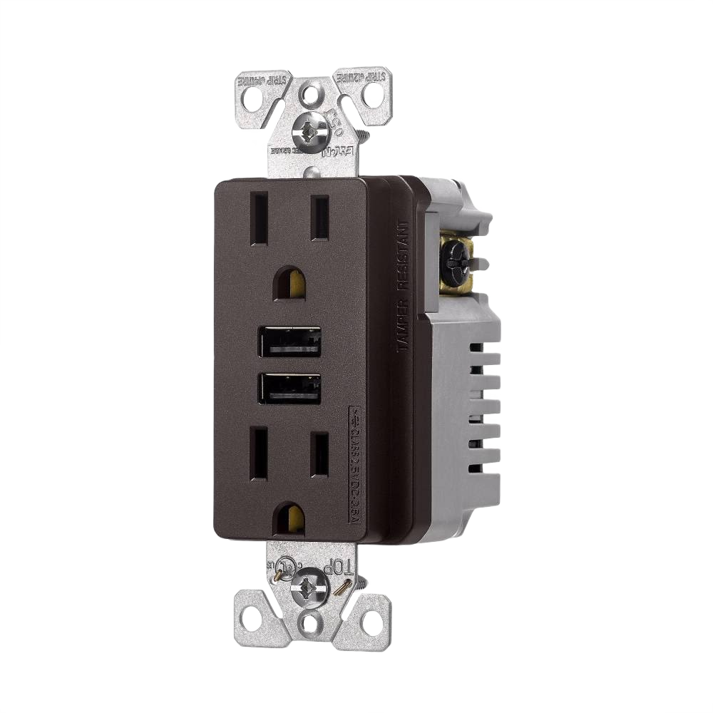 Combination electrical outlet in rubbed bronze finish with dual USB ports for charging and standard power sockets
