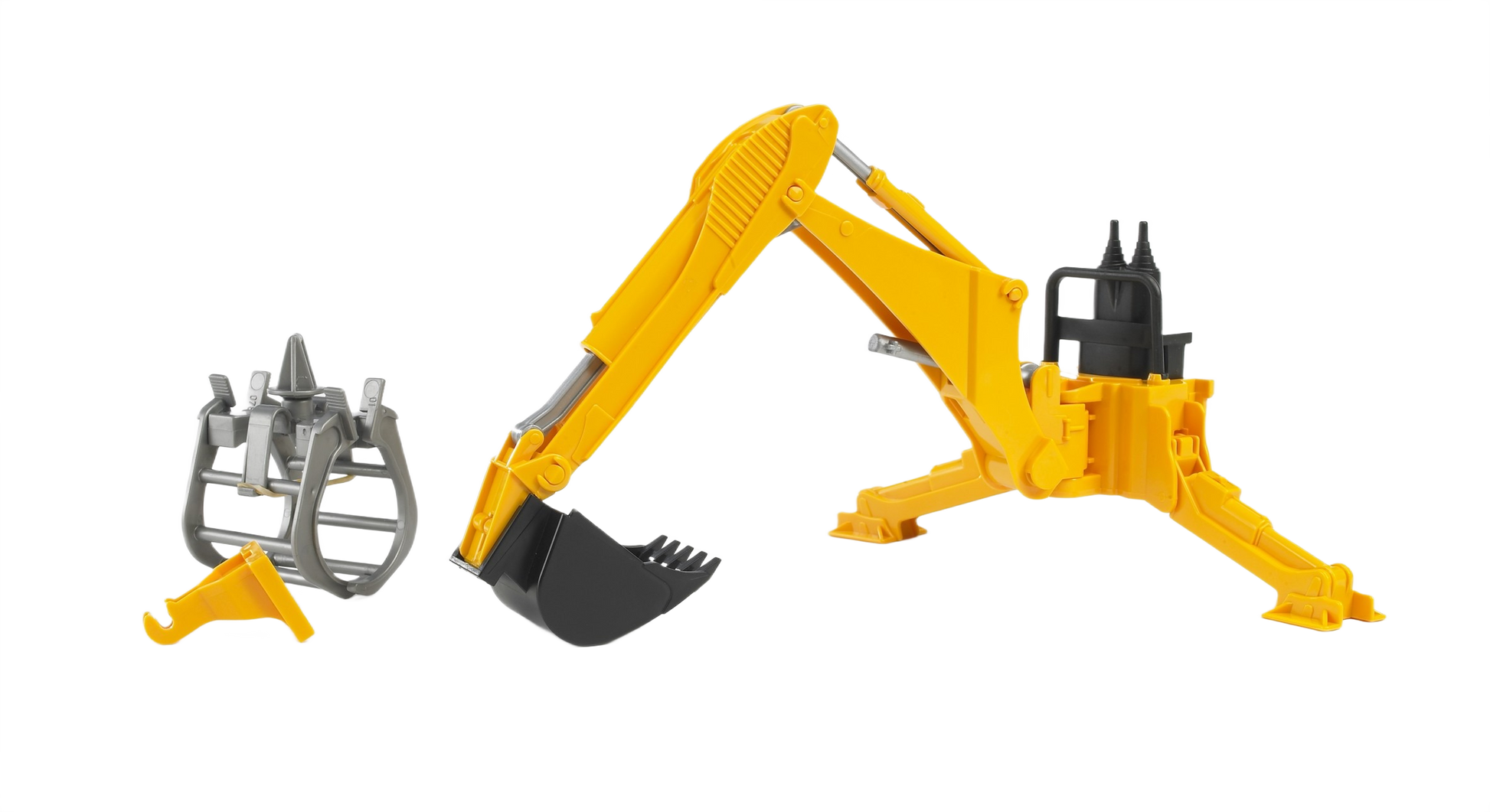 Yellow Bruder rear hydraulic arm with black scoop and removable mechanical claw attachment for tools and home improvement projects