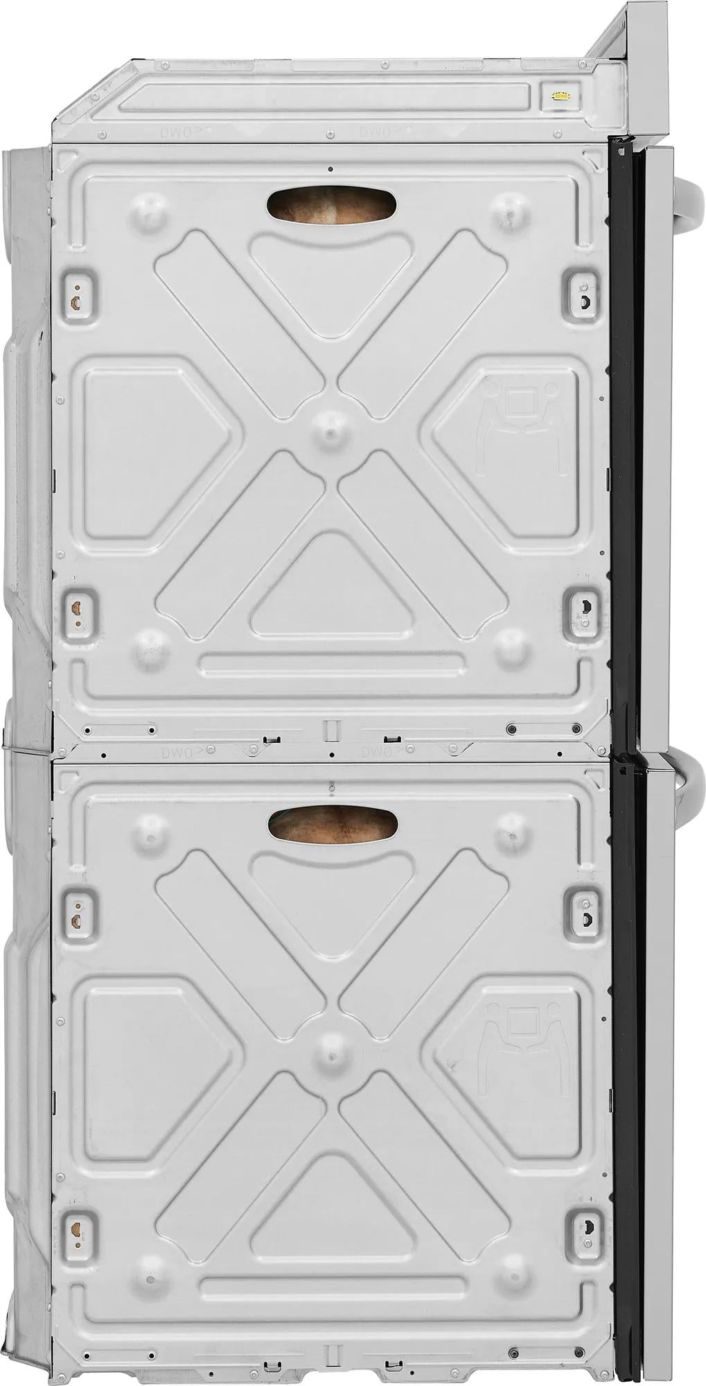 Rear view of stainless steel double wall oven showcasing metal panel design with ventilation openings for kitchen installation.
