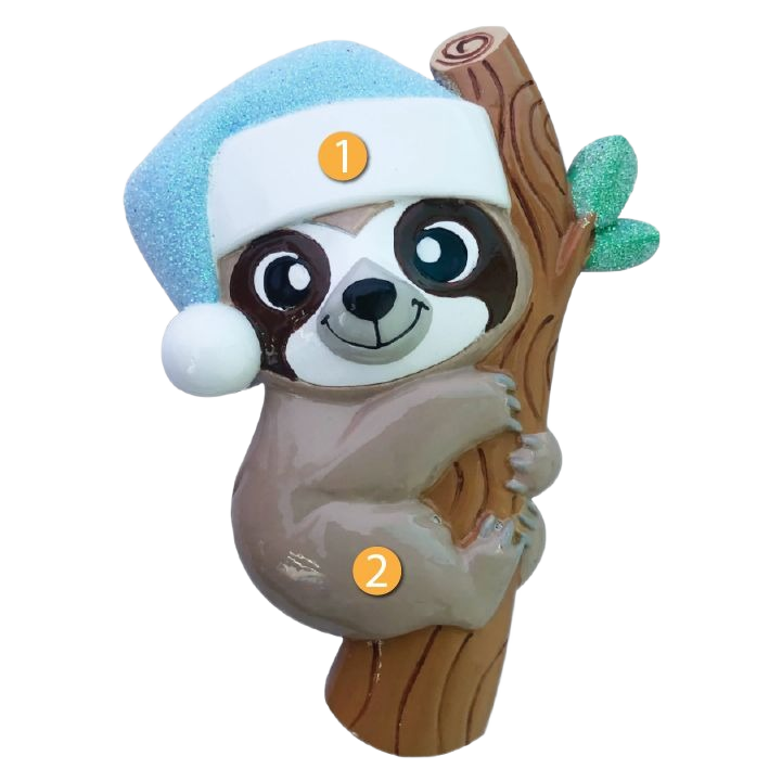 Blue Santa hat-wearing baby sloth holding tree branch Christmas ornament under $50 for holiday decorations