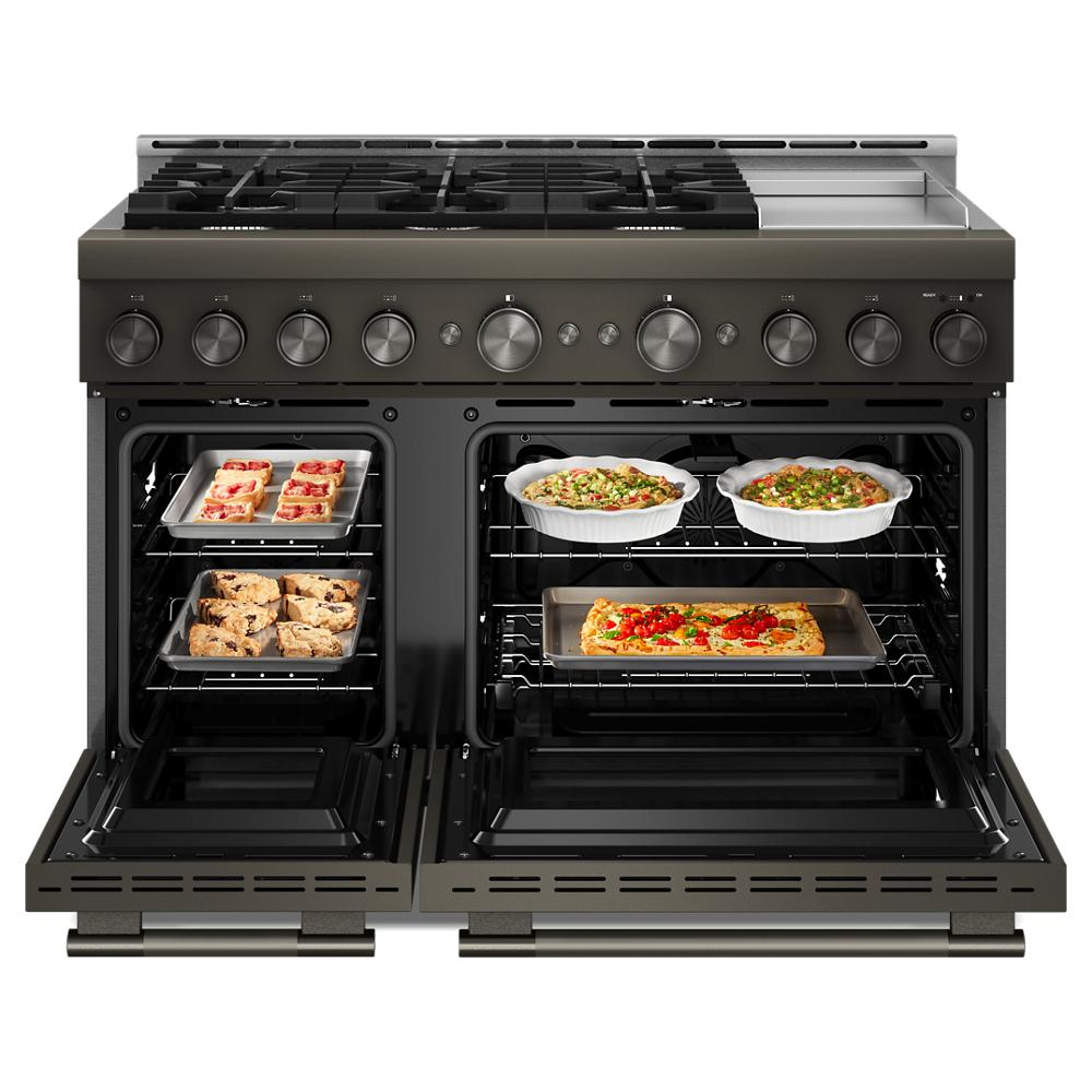 Black and chrome 48-inch commercial-style gas range with six burners, dual ovens, and electric griddle from Kitchen & Kitchenware collection