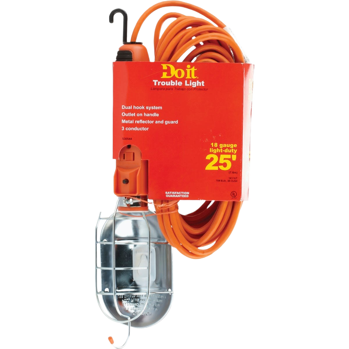 Orange heavy-duty incandescent trouble light with metal guard and dual hook for outdoor and electrical use