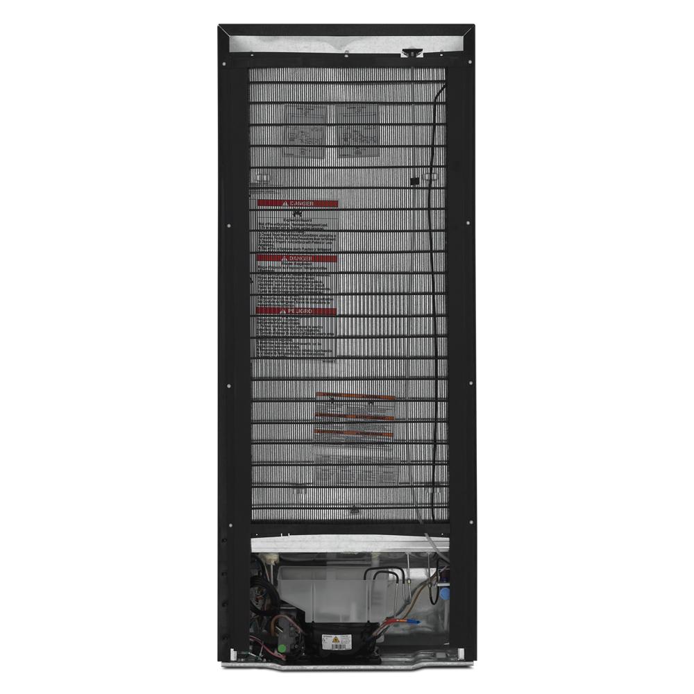 Rear view of a 24-inch top freezer refrigerator showing condenser coils and compressor in appliances collection