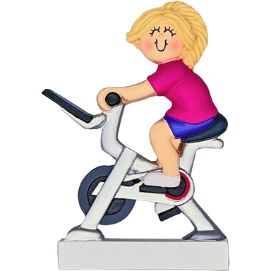 Blonde female figure riding stationary exercise bike ornament in Christmas Ornaments & Tree Decorations collection