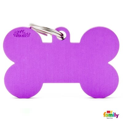 Purple bone-shaped pet ID tag with keyring attachment for easy identification and safety use