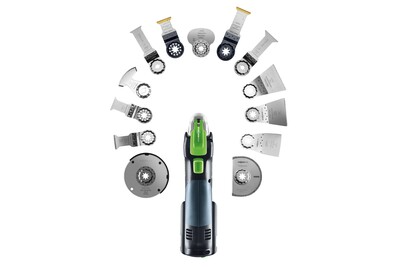 Oscillating tool with a variety of saw blades for cutting wood, metal, plastics in woodworking tool accessories collection